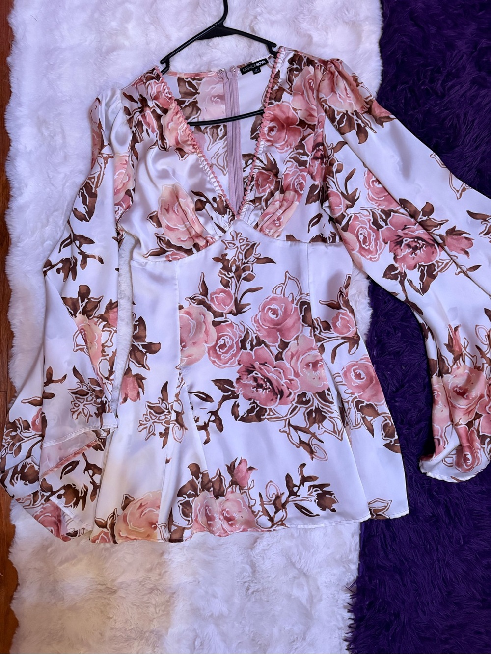 Fashion Nova Pink & Brown Floral V-Neck Peplum Blouse